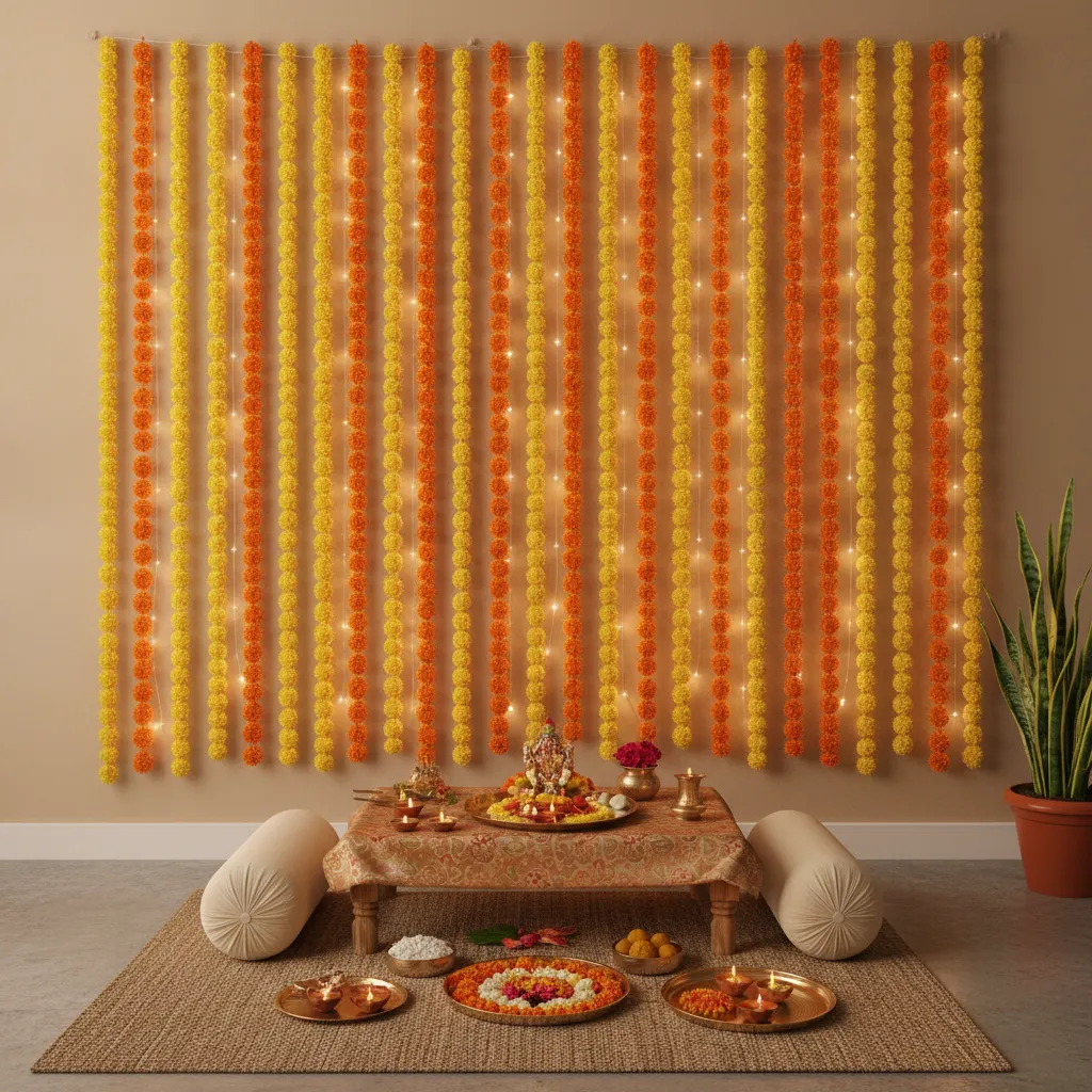 vertical marigold garlands and fairy lights for small home diwali decoration