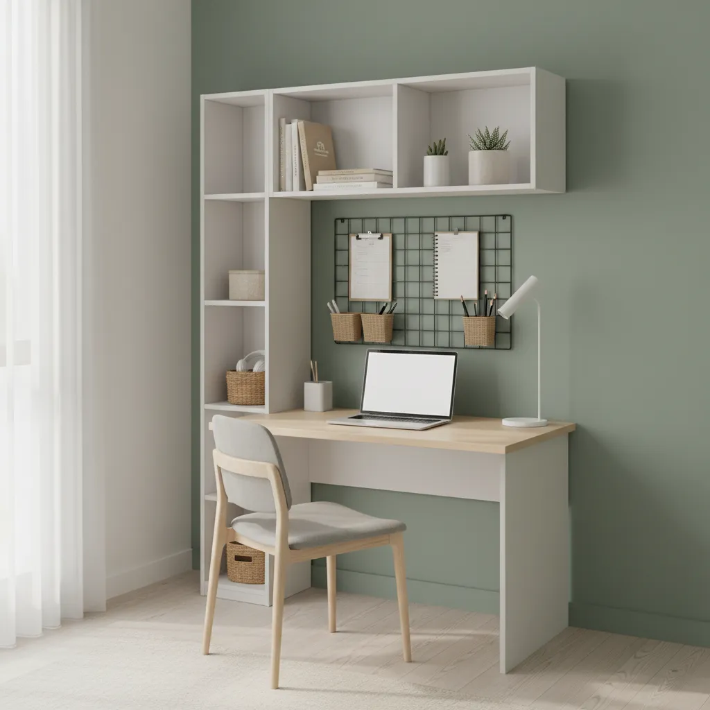 Dorm desk with vertical shelves and wall organizer above workspace