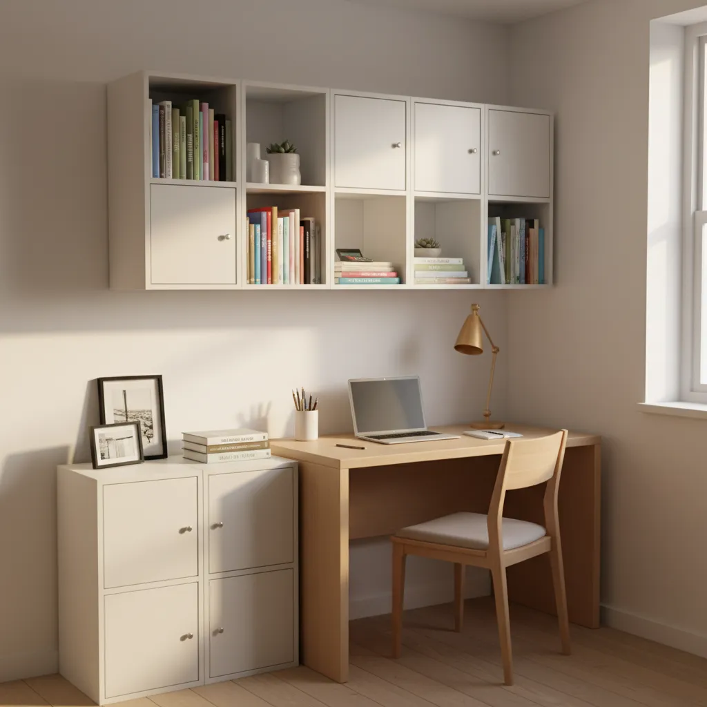 Dorm room wall shelves and vertical storage above desk