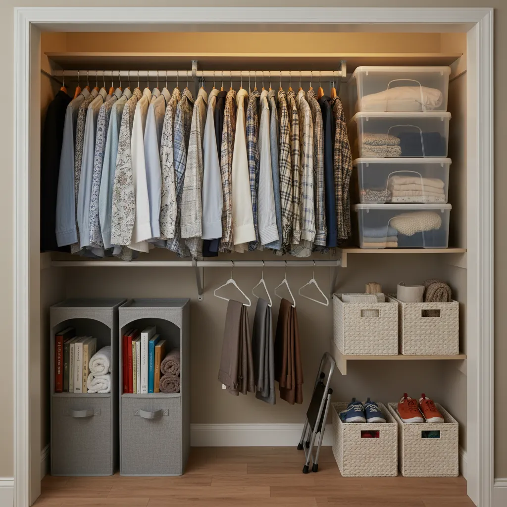 Dorm closet with vertical storage organizers and stacked bins