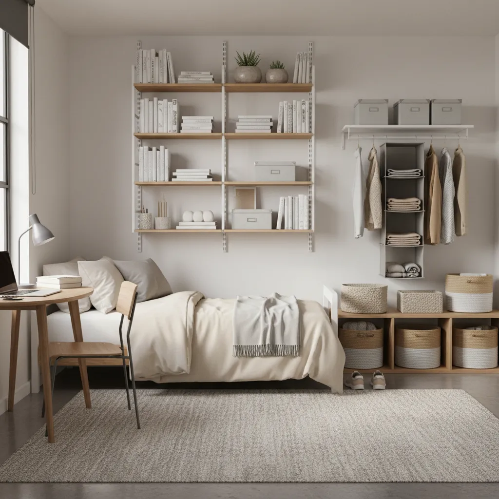 dorm room vertical storage shelves over bed and organized closet system