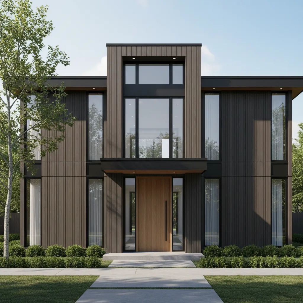modern house facade with vertical window stacks and tall entrance enhancing height perception