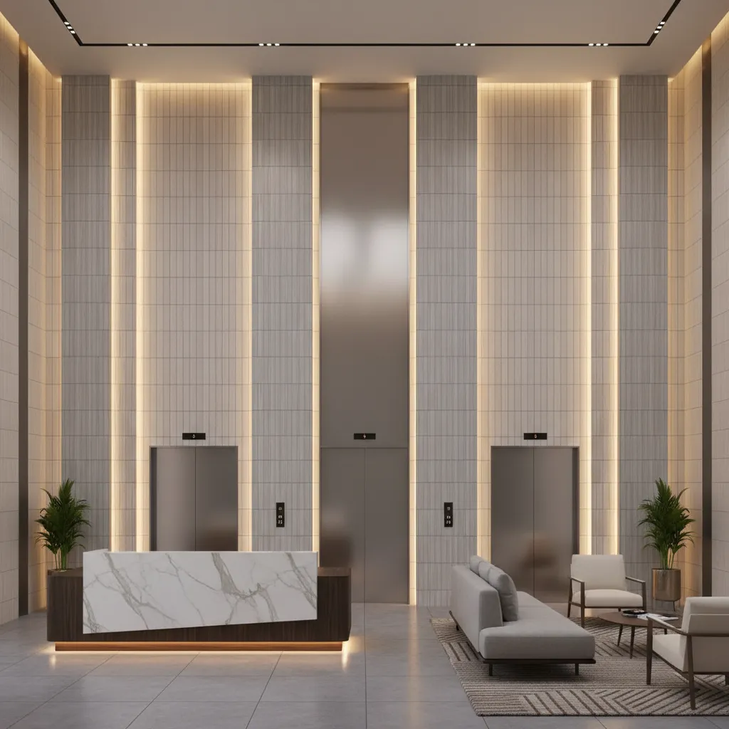 Vertical tile layout highlighting elevator doors in modern residential lobby
