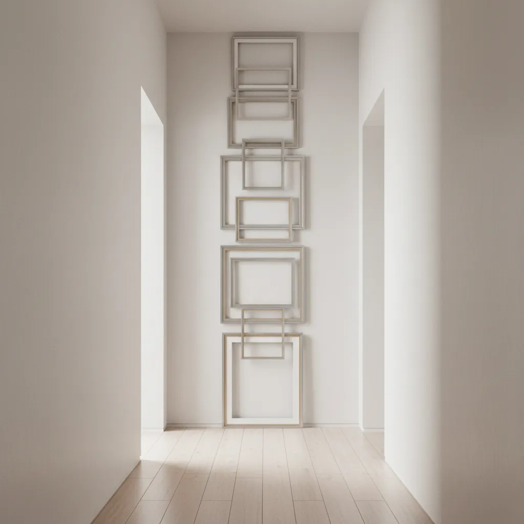 Vertical stack of empty frames on a narrow hallway wall