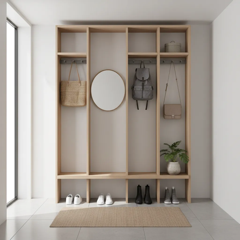 Vertical wall storage shelves and hooks in a narrow entryway nook