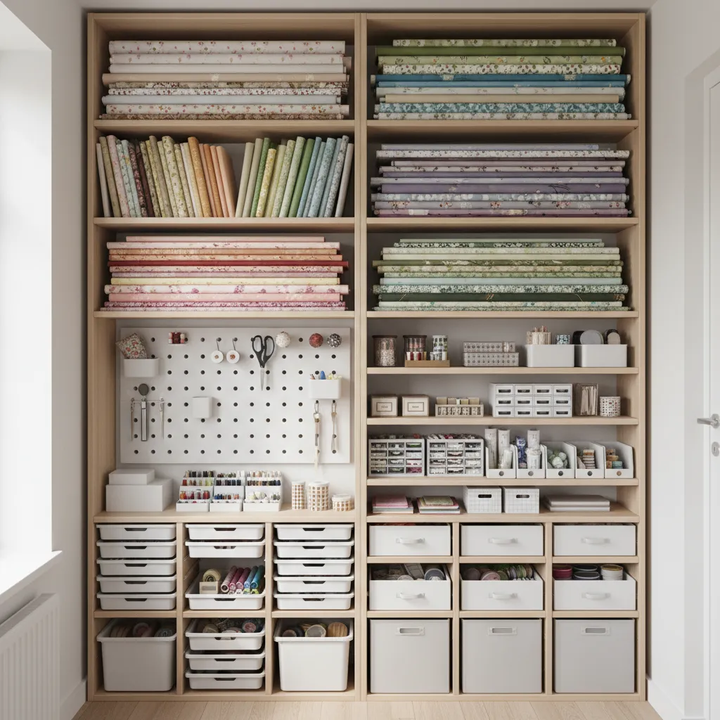 vertical shelving with folded fabric in a small sewing room