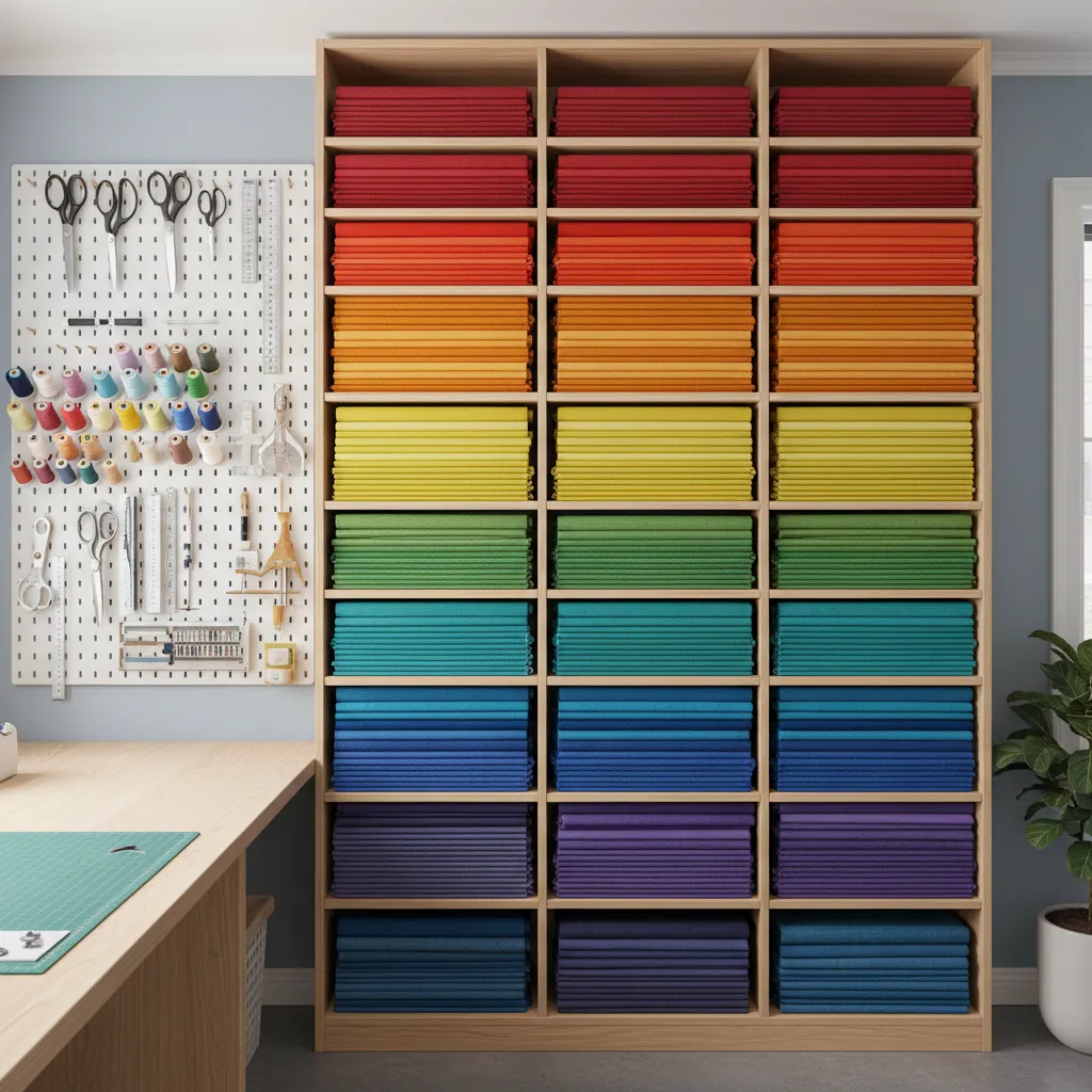 vertical wall shelves storing folded fabric in a sewing room