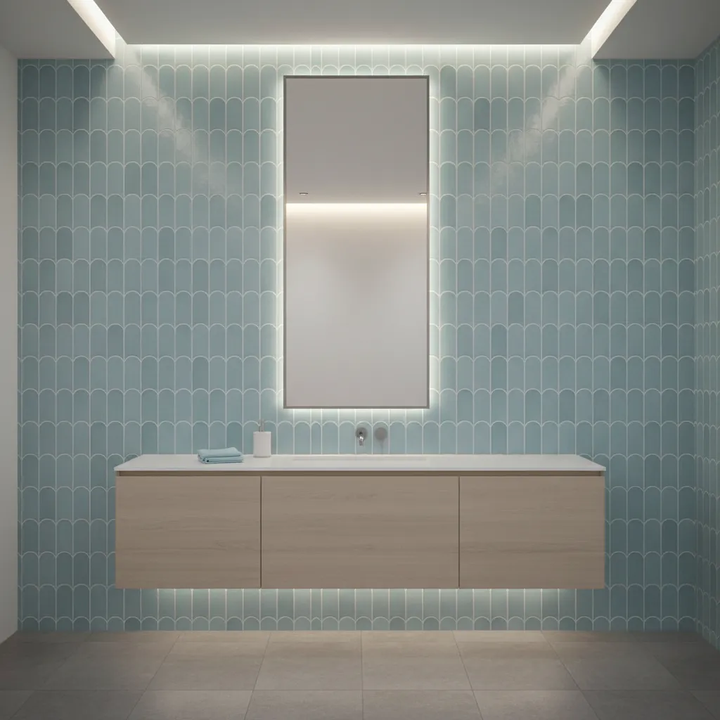 vertical fish scale tile installation making bathroom appear taller