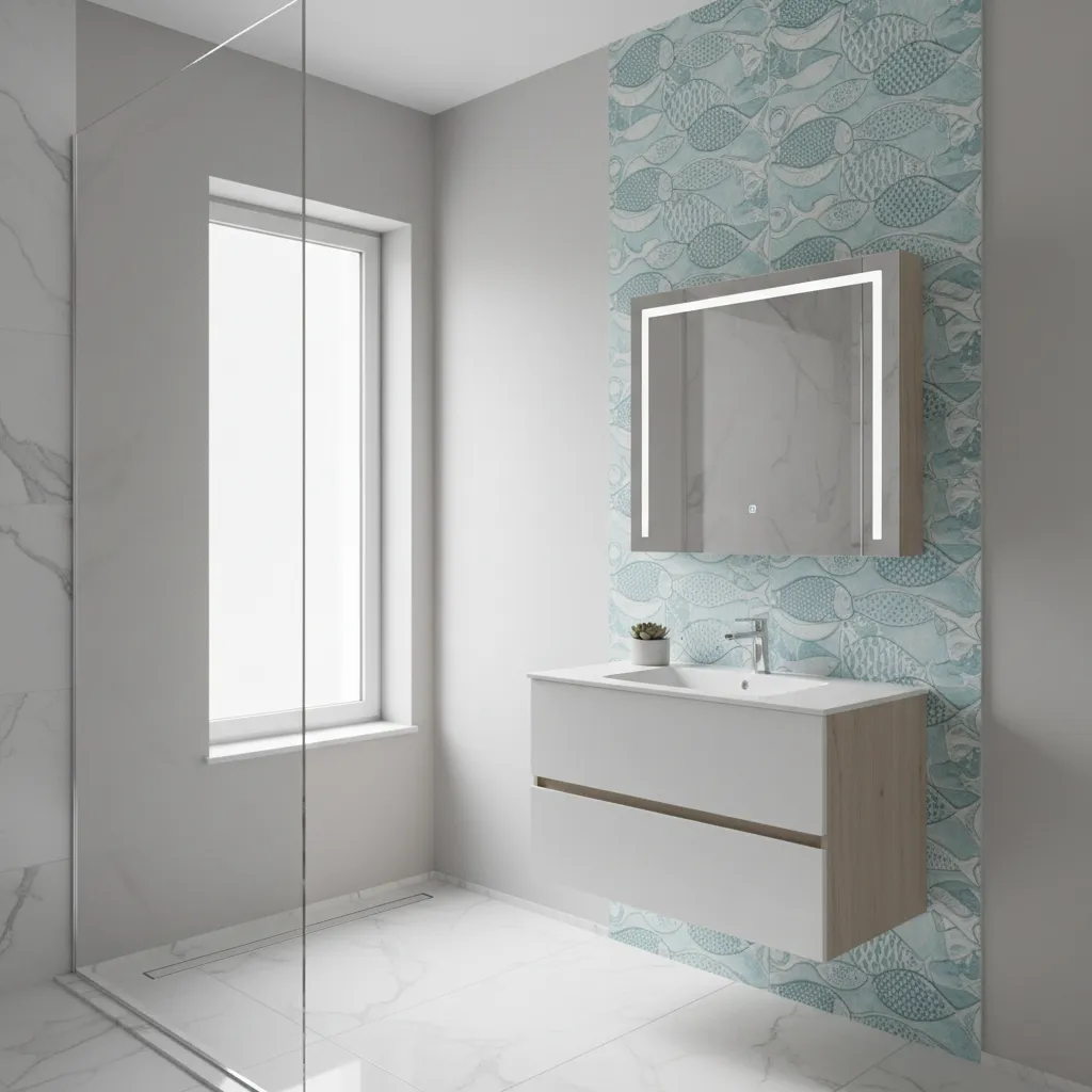 vertical fish tile design creating taller visual effect in small bathroom