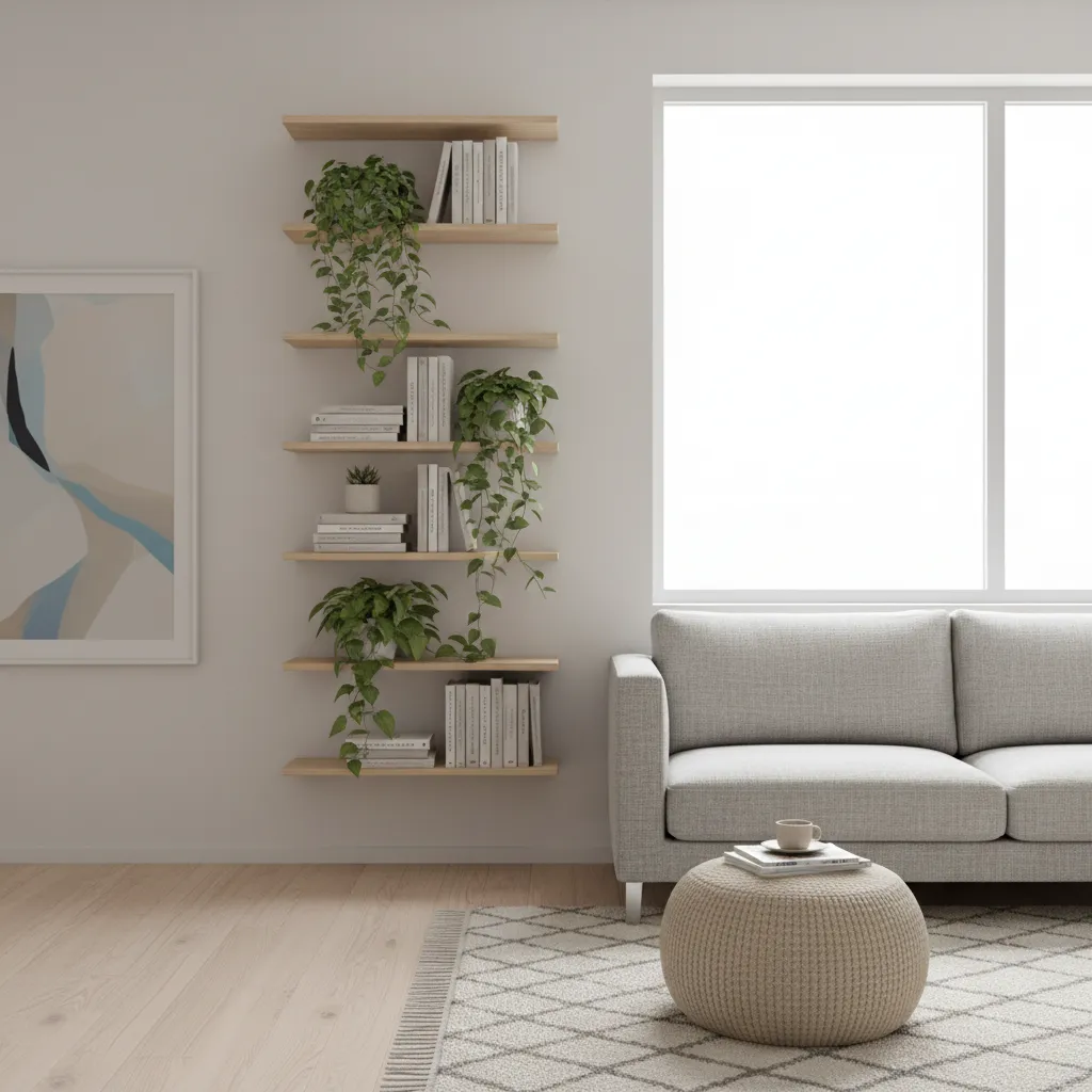 Stacked floating shelves arranged vertically on a long wall