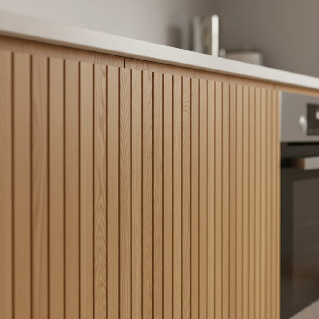 Close view of vertical fluted cabinet door texture