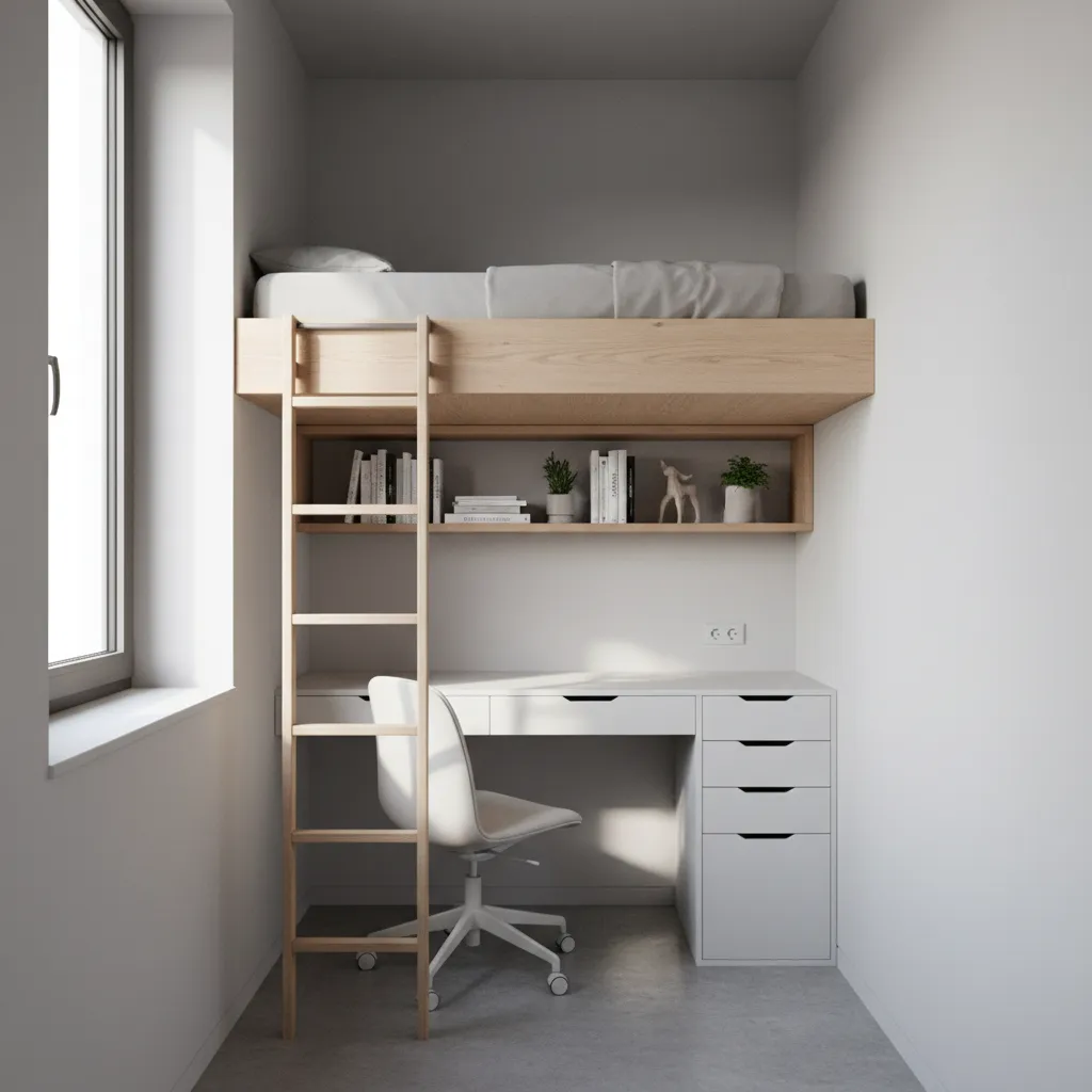 Vertical stacked furniture system in a tiny room with elevated bed and workspace below