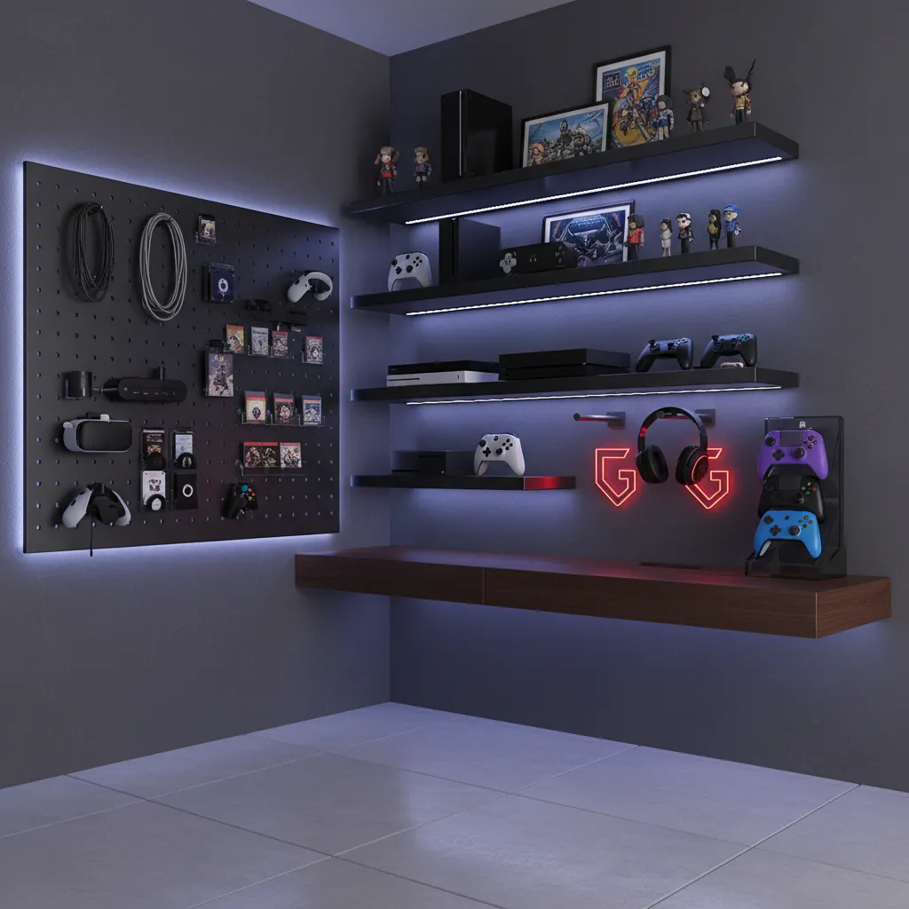 gaming room vertical storage shelves and wall mounted accessories