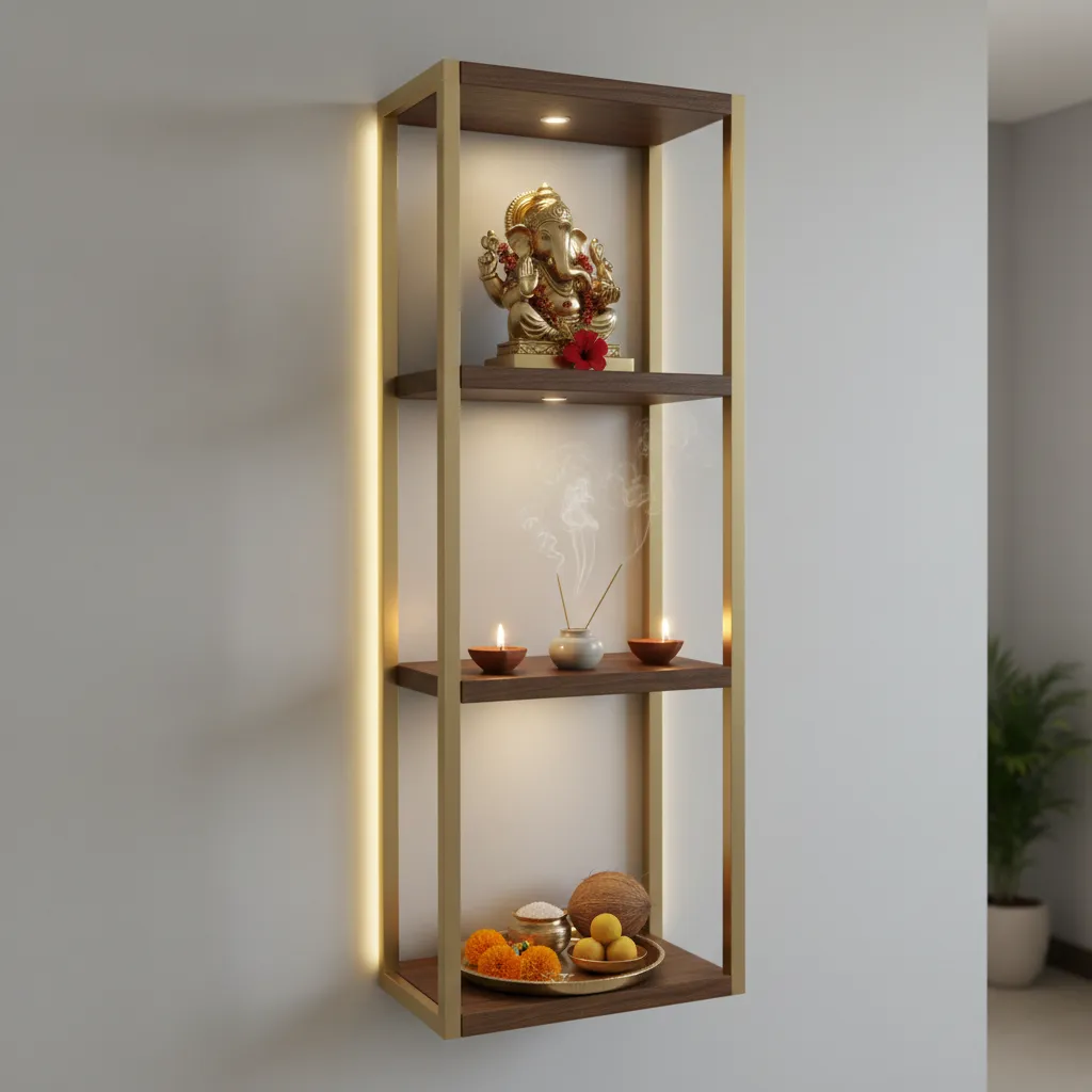 Vertical Ganesh pooja altar arrangement with layered shelves