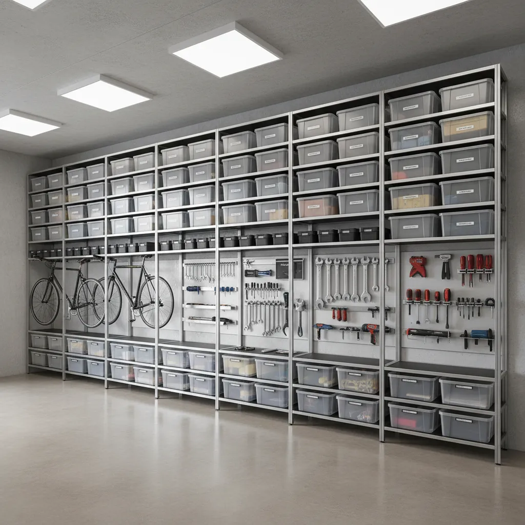 vertical wall storage system in organized garage