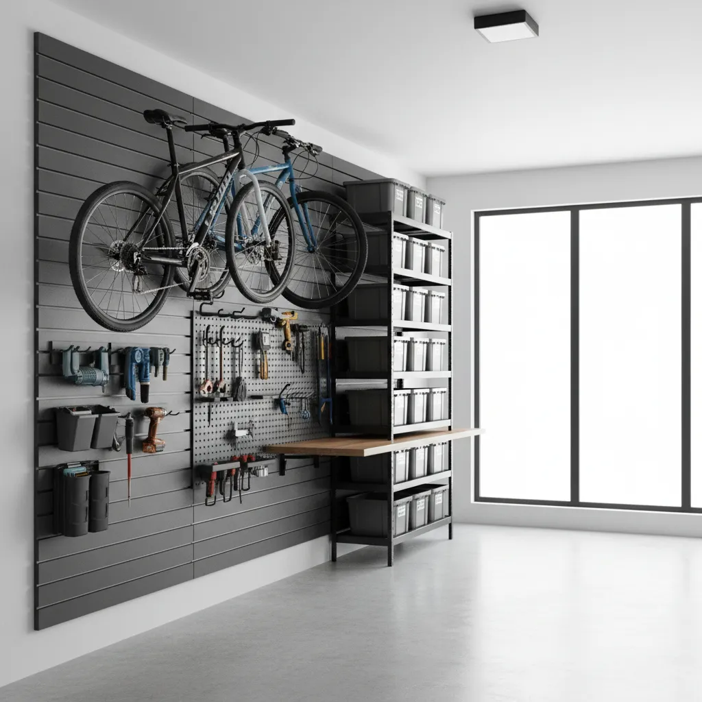 Vertical wall storage system for garage with bikes and shelves