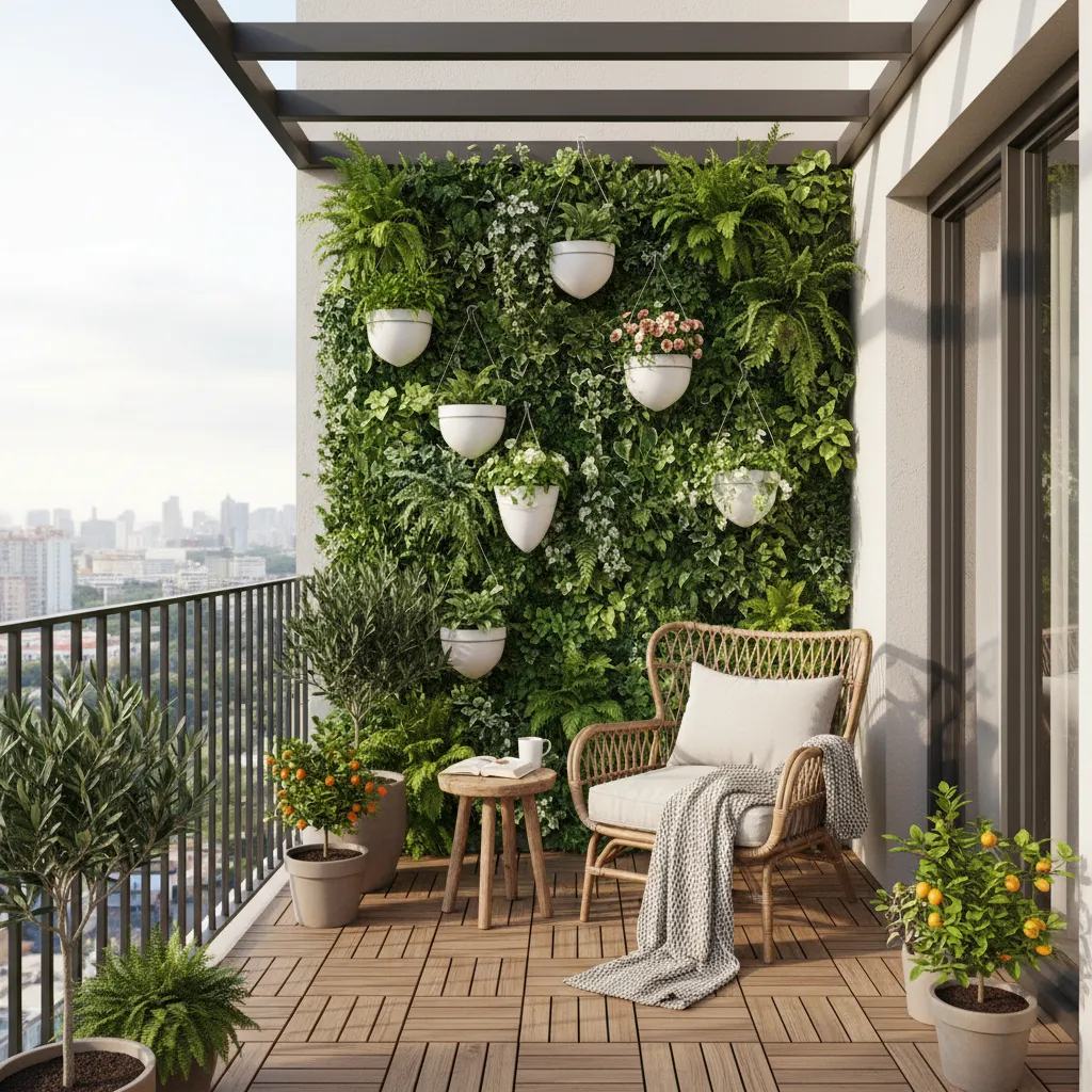 small balcony with vertical plant wall and cozy lounge seat