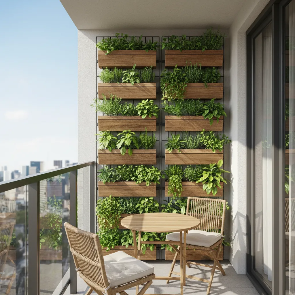 Vertical garden wall on small apartment balcony