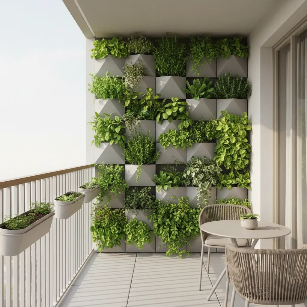 Vertical wall planter system on a small apartment balcony