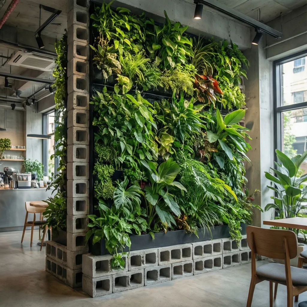 indoor vertical garden installed on concrete block wall