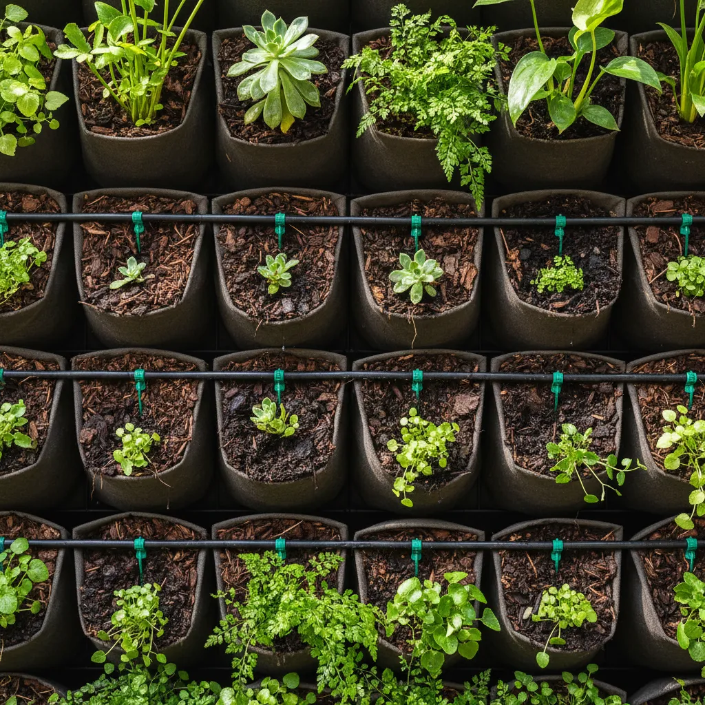 close view of drip irrigation tubes installed in a vertical garden system