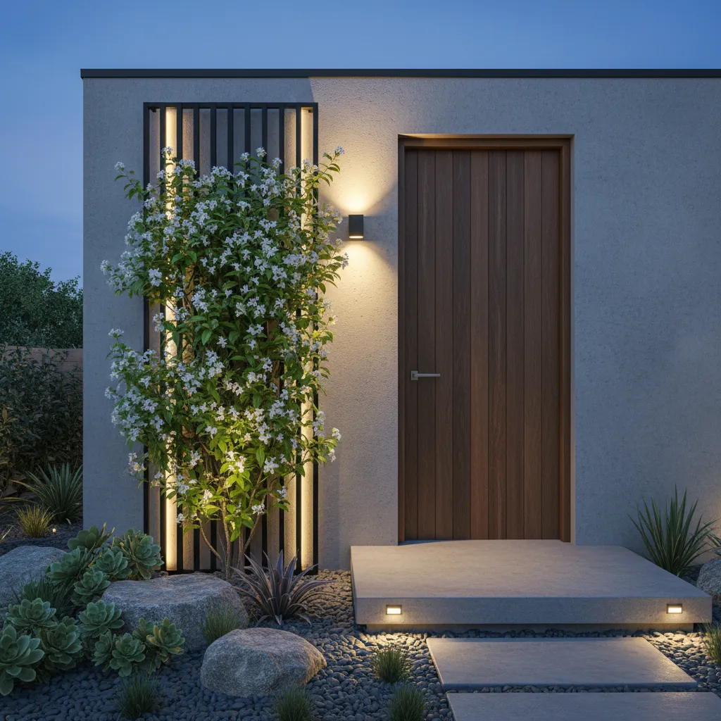Entrada de casa con celosía y plantas trepadoras en jardín pequeño