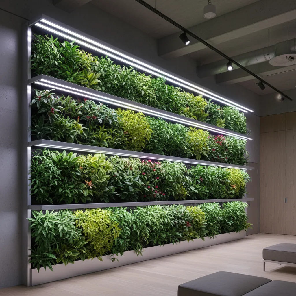 LED grow light system illuminating a vertical indoor garden