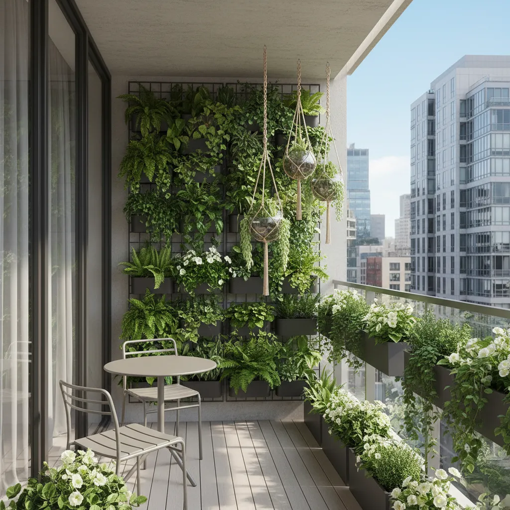 Vertical wall garden and railing planters on small balcony