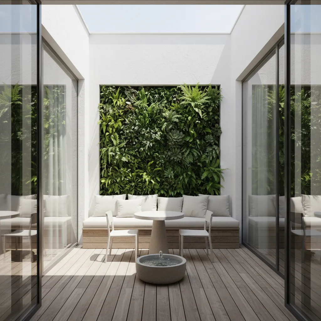 Jardín vertical en patio interior pequeño con plantas verdes