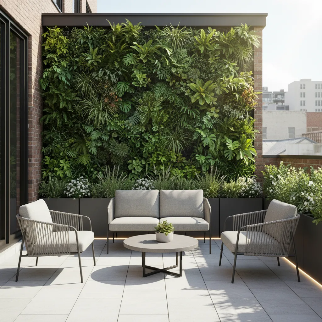 Outdoor patio with grey sofa chairs, round coffee table, and large green vertical garden wall