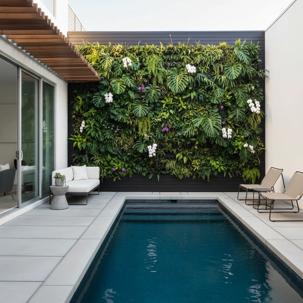 Jardín vertical junto a una alberca pequeña