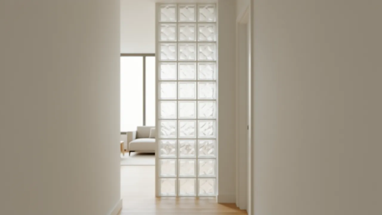Vertical glass block column installed in a hallway wall allowing light from adjacent room
