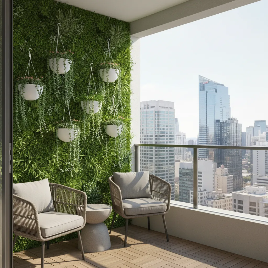 balcony with vertical grass wall and hanging plants