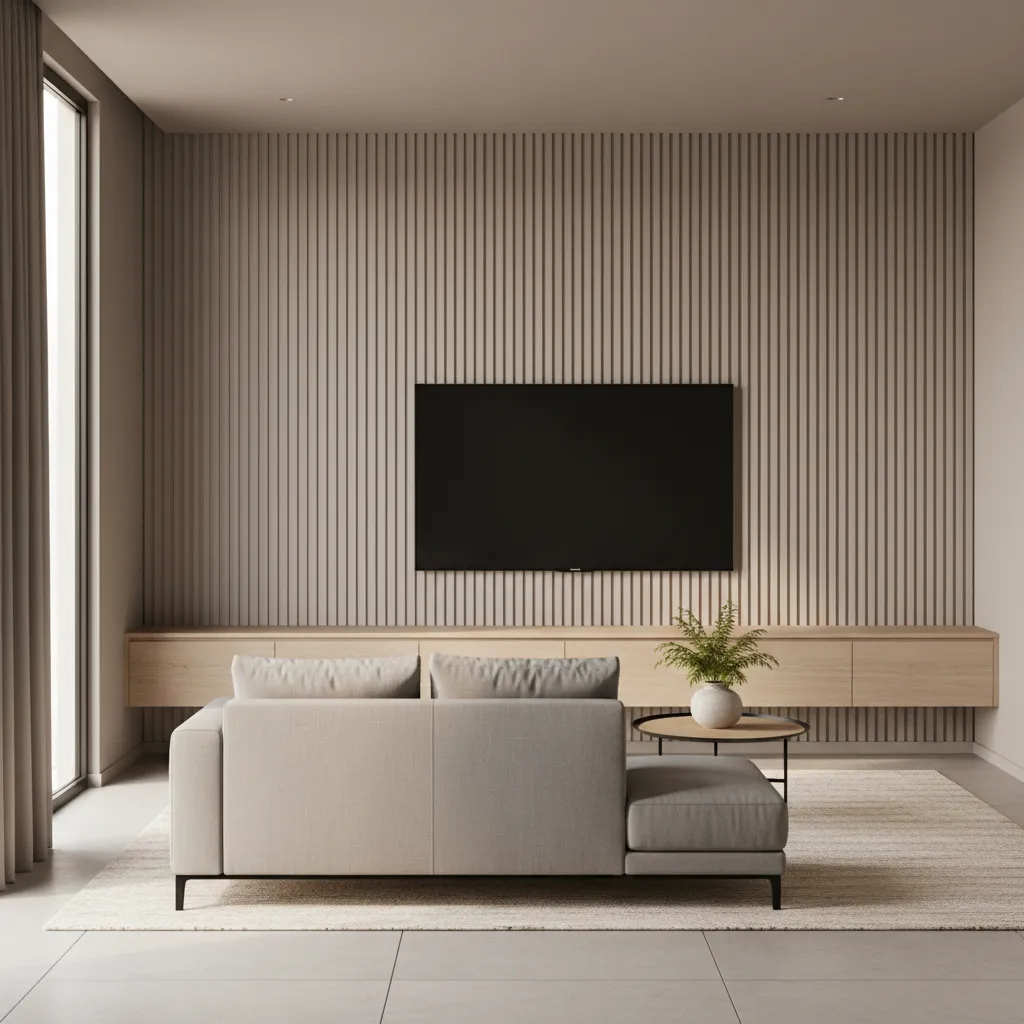 living room with vertical front wall groove design behind a TV console