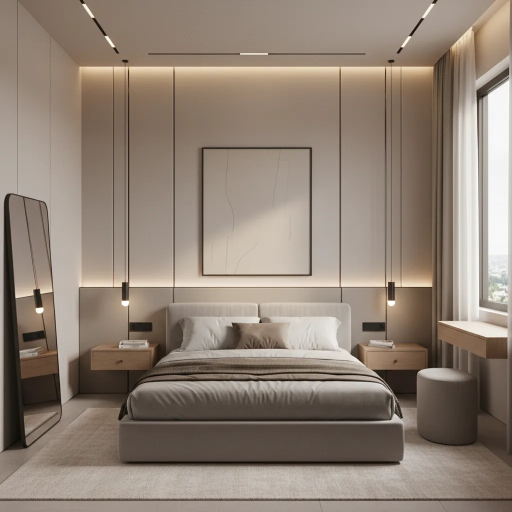 small bedroom with vertical gypsum wall panel design