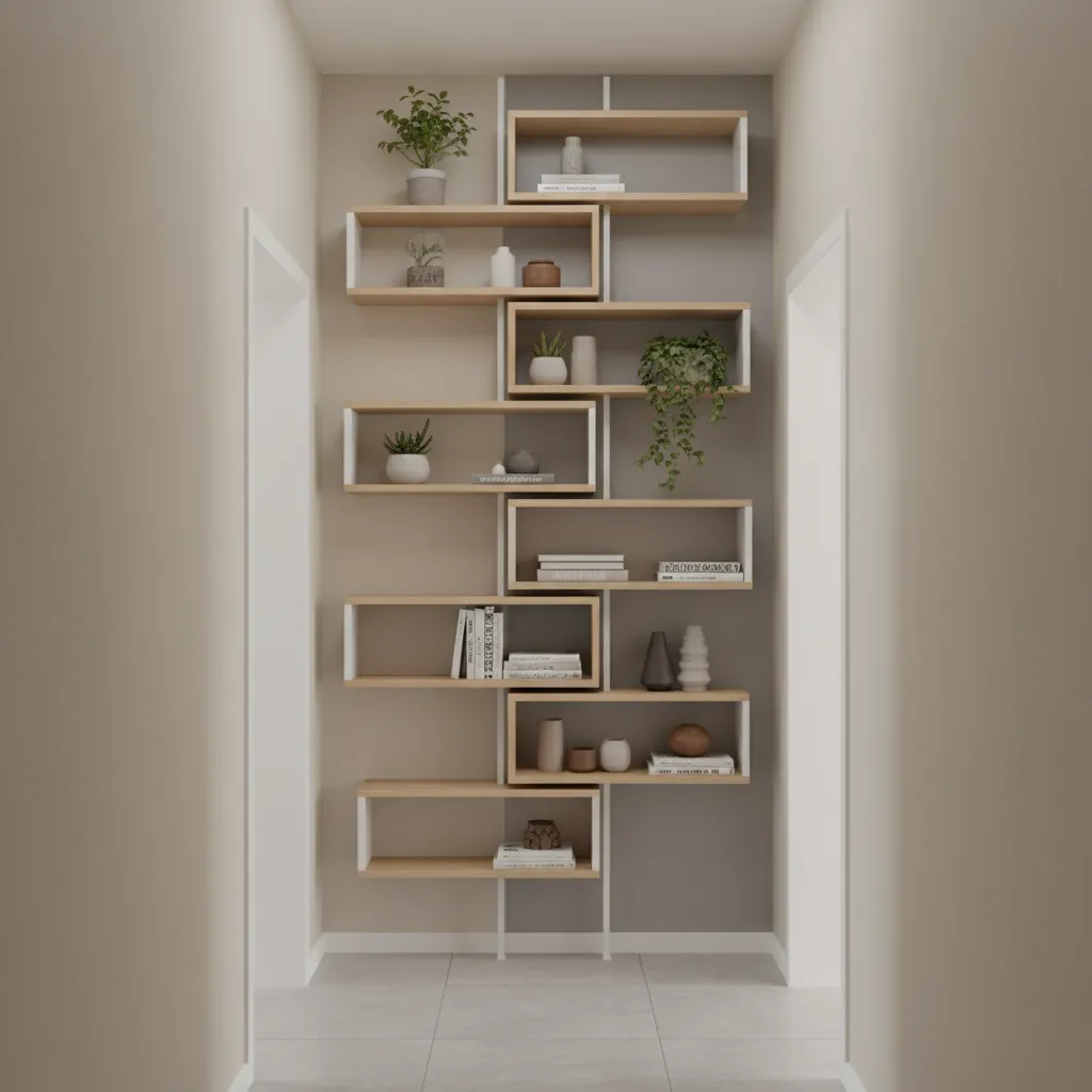 Vertical stacked shelves in a narrow hallway storage layout