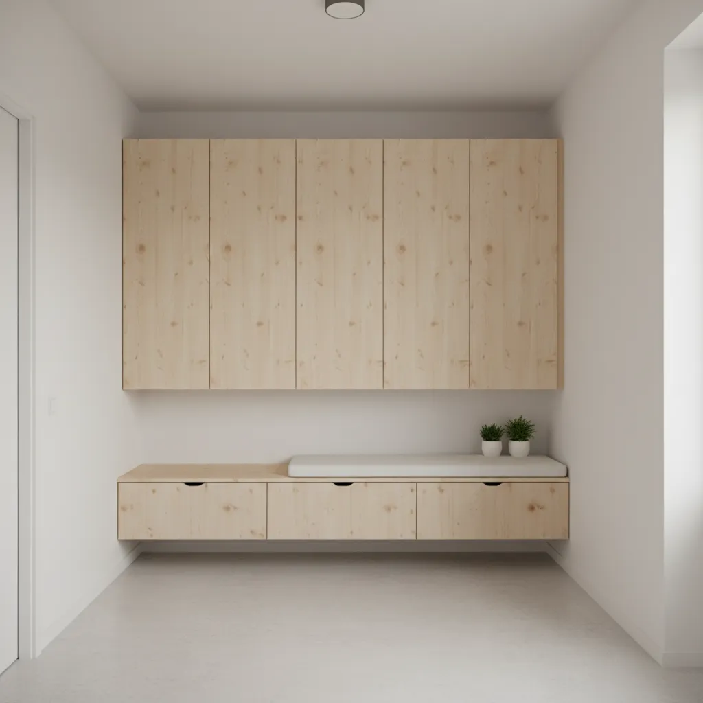 small hallway with wall mounted cabinets and floating bench storage