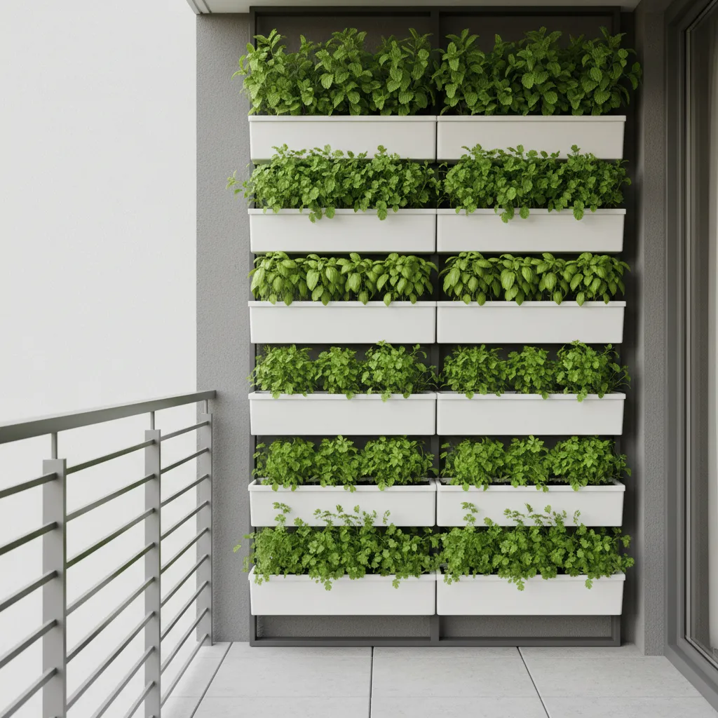 vertical herb garden wall on apartment balcony