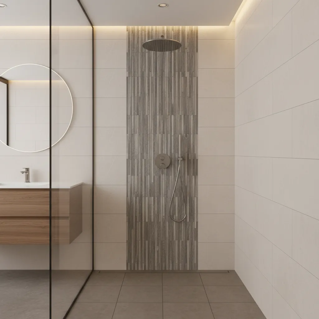 vertical highlight tile strip running floor to ceiling in modern shower