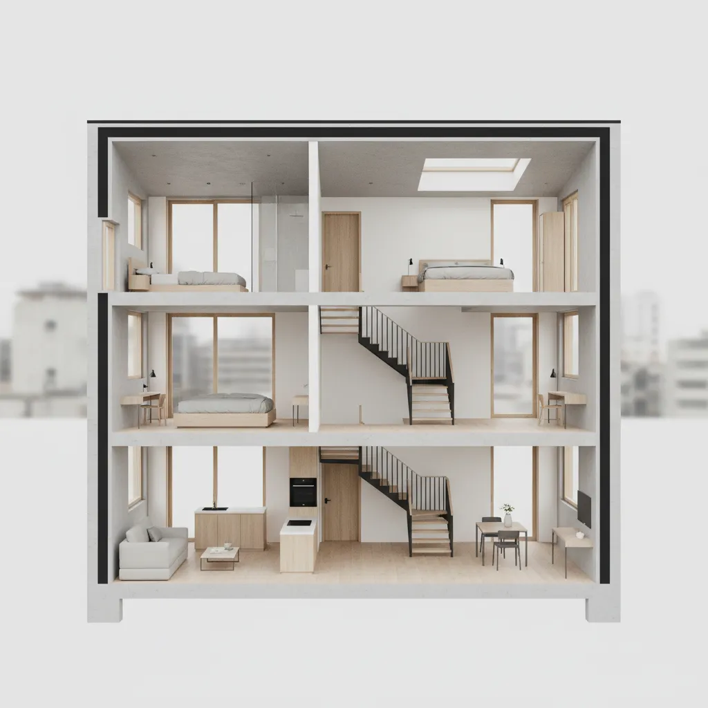 diagram style layout of a compact multi story home with stairs and stacked floors