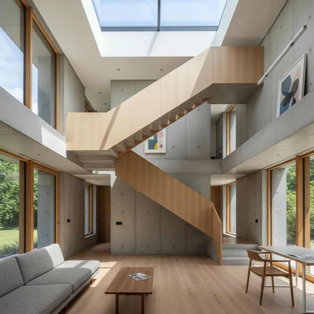 Interior de casa vertical con escalera central moderna y luz natural