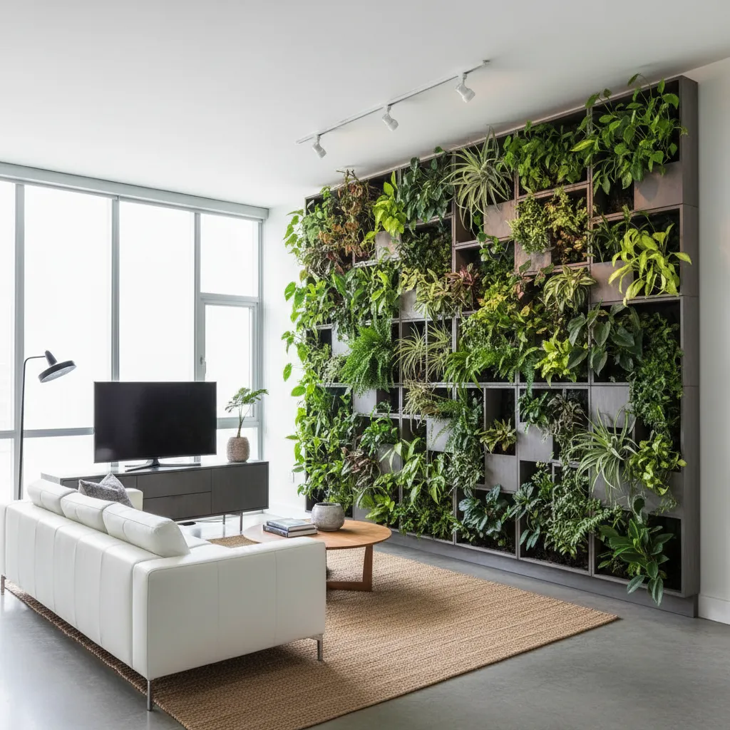 Sistema de jardín vertical con plantas en una pared interior