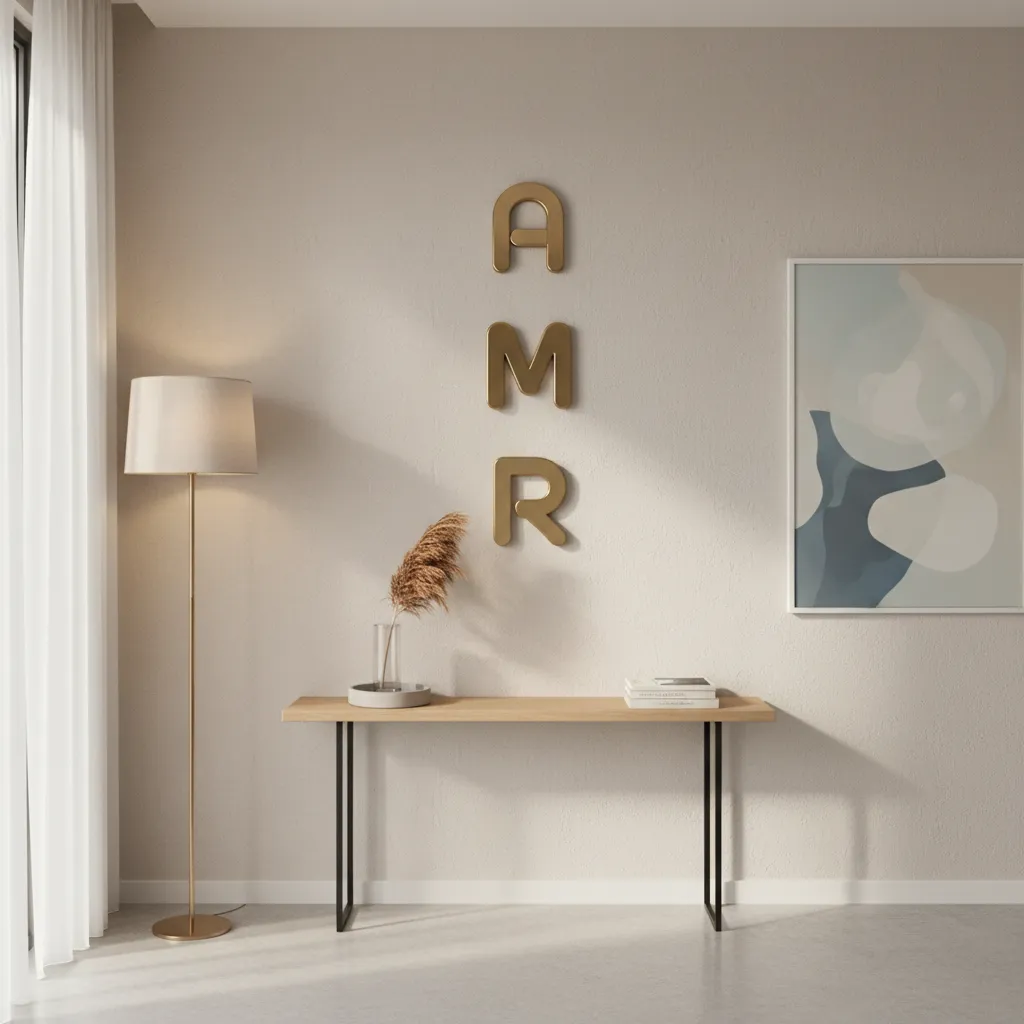 Vertical stacked wall initials decorating a small apartment wall to create height
