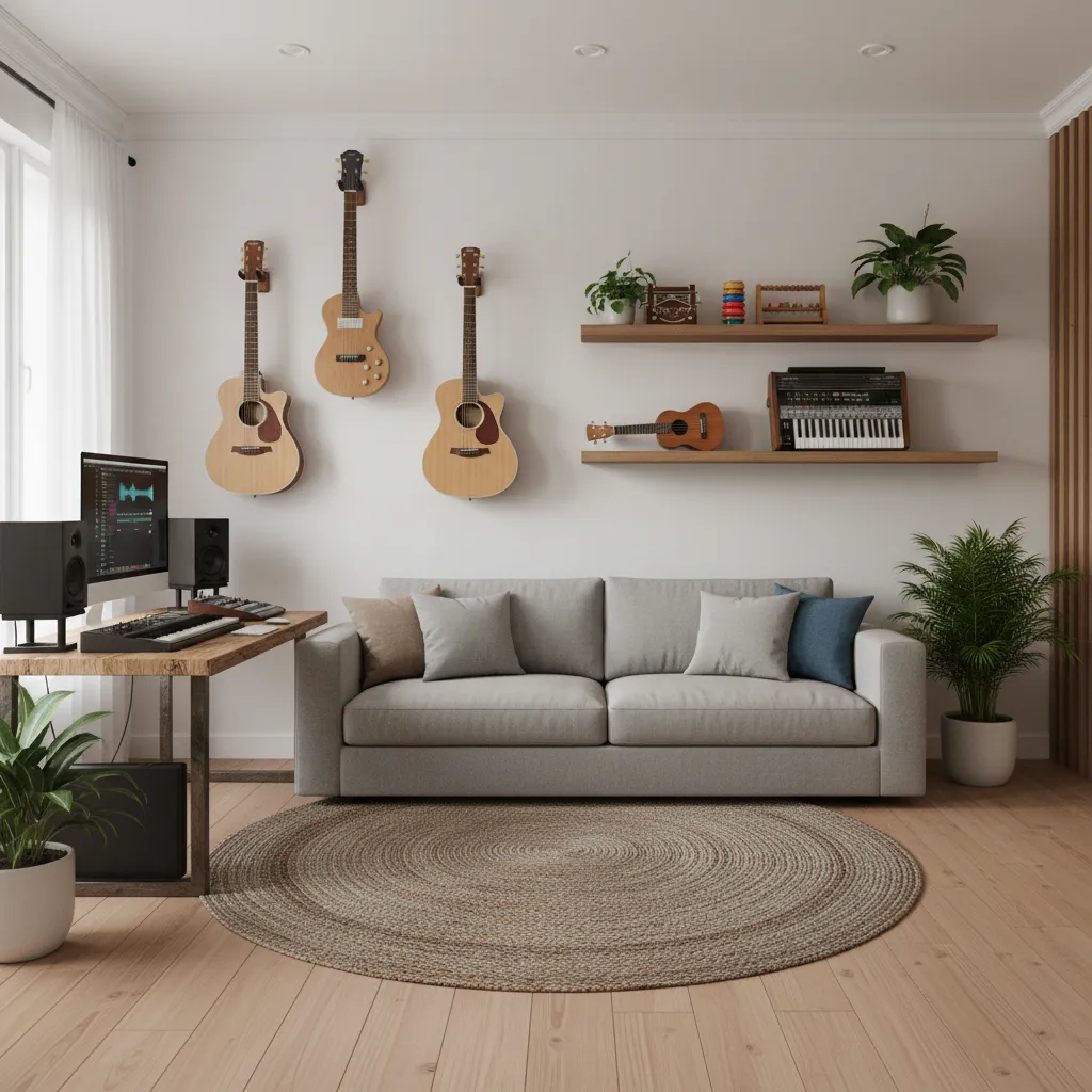 Wall mounted guitars and organized instrument storage in a home studio