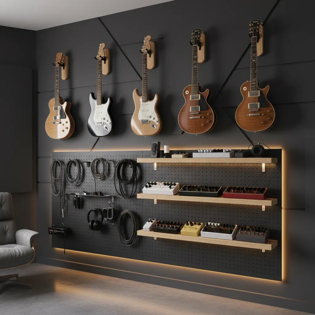 guitars mounted on wall with shelves and organized music accessories