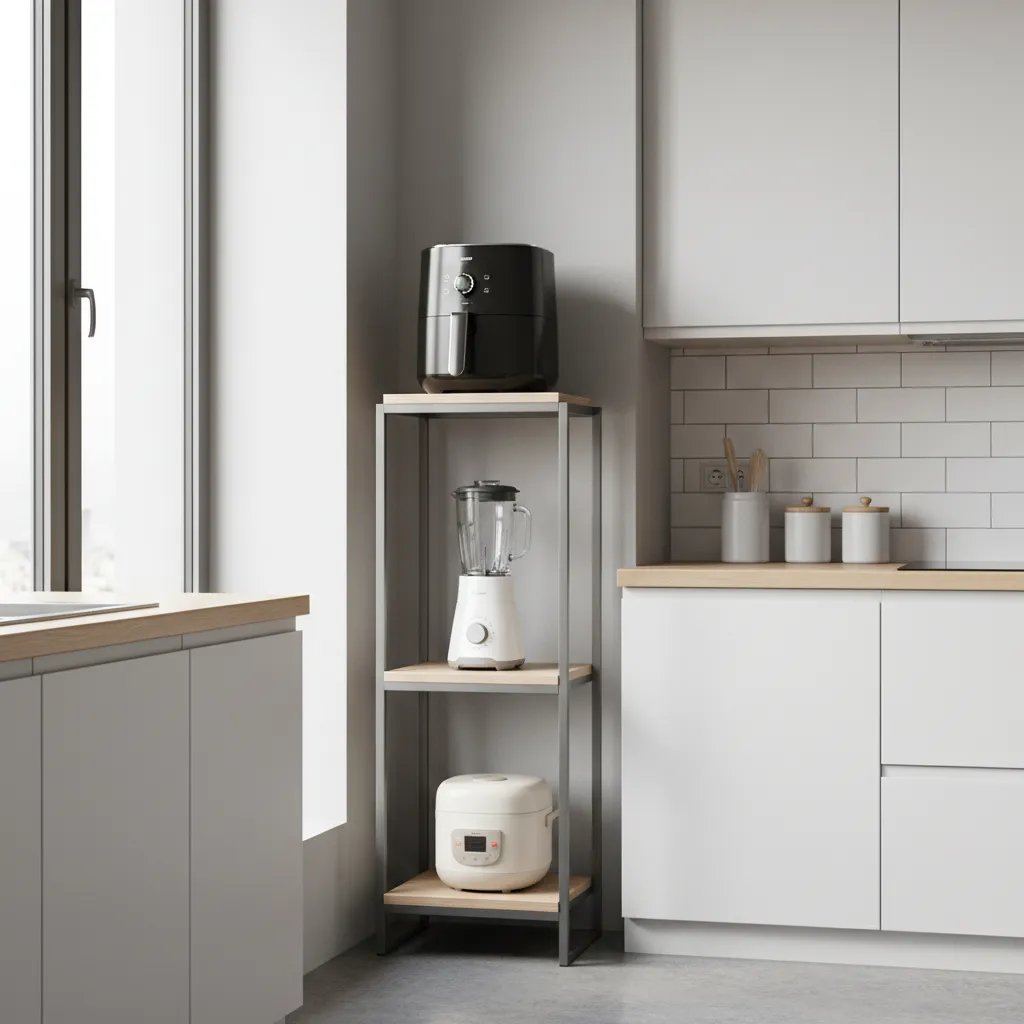 Vertical rack system storing air fryer blender and rice cooker in small kitchen