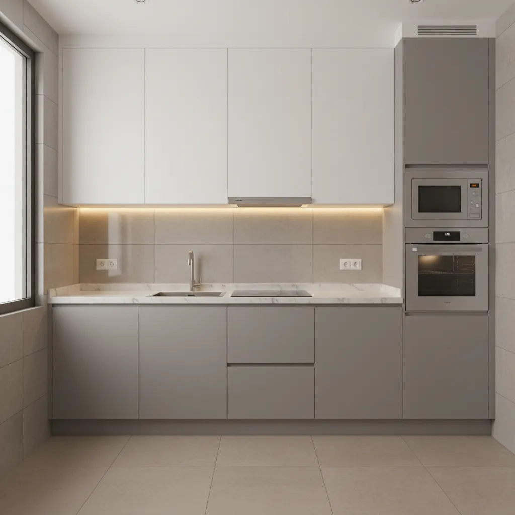 Tall ceiling height kitchen cabinets in compact kitchen