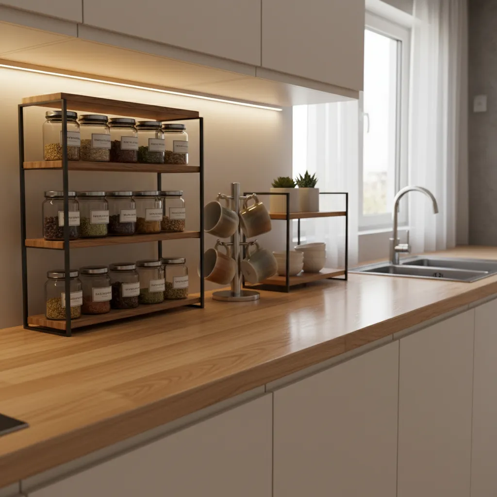 Vertical countertop organizer with tiered spice rack and mug stand