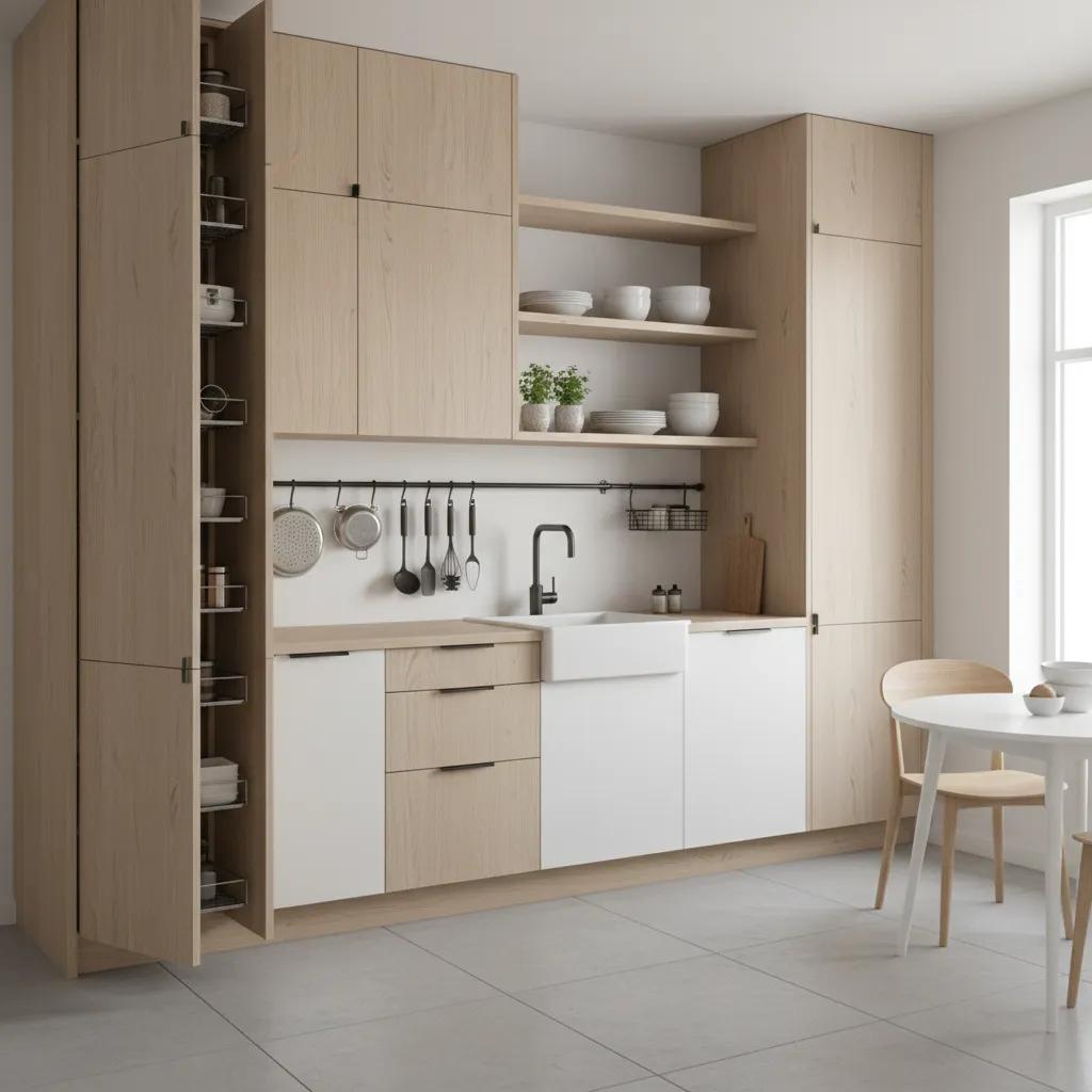 Small kitchen with ceiling height cabinets and vertical storage solutions