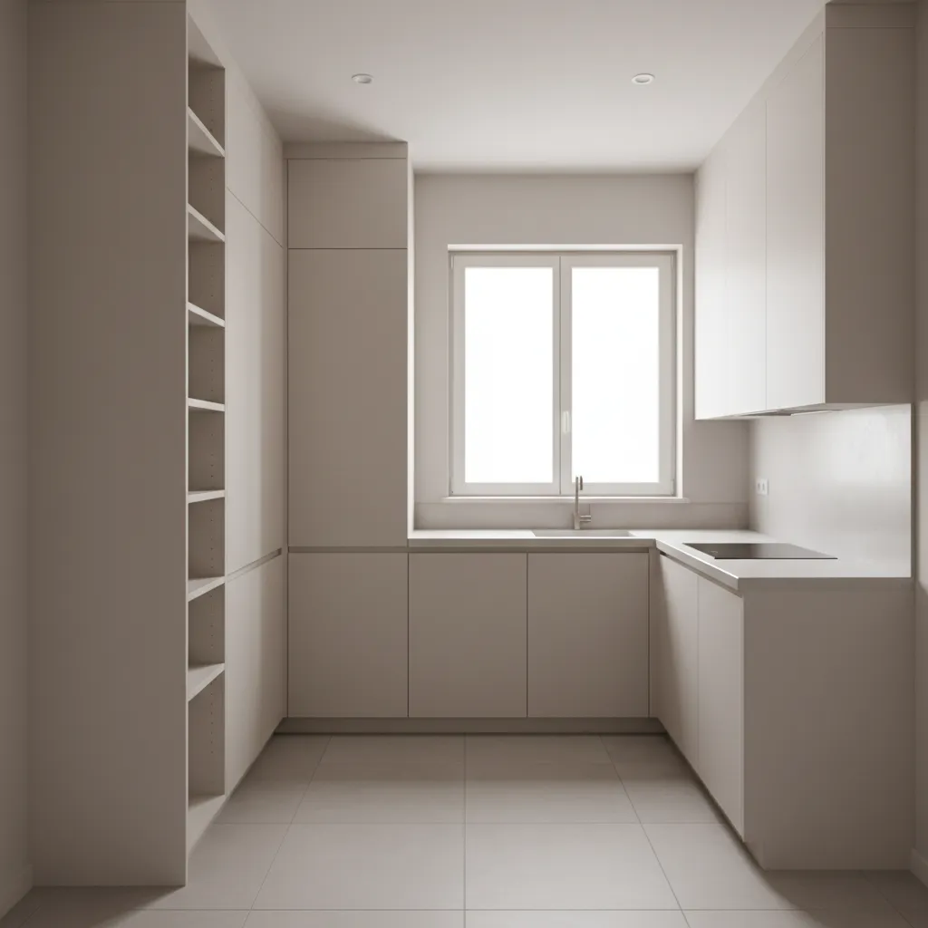 Small kitchen with ceiling height cabinets and vertical storage